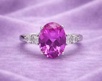 Bague-cadeau pour la fête des Mères avec saphirs roses ovales de 3,20 ct et diamants en or blanc 14 carats