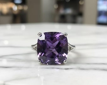 Bague-cadeau de fiançailles en améthyste naturelle taille coussin de 3,00 carats en or blanc massif 14 carats