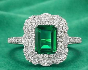 Bague de mariée diamant et émeraude naturelle taille émeraude de 4,00 carats en or blanc 14 carats taille 6,7