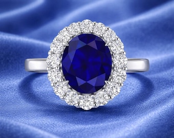 Bague de fiançailles en saphir naturel et diamants taille ovale de 3,80 carats en or blanc 14 carats, taille 6,7