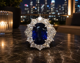 Alliance en or blanc massif 14 carats avec saphirs bleus naturels et diamants de taille ovale de 3,50 carats