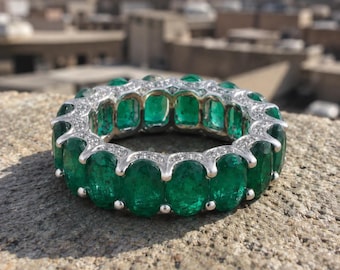 Bague éternité ovale en or blanc 14 carats, cadeau d'anniversaire de mariage diamant et émeraude naturelle
