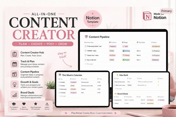 Content Creator Notion Template, Social Media Planner, Growth Goal Tracker, Instagram TikTok YouTube Planner, Influencer Dashboard, Biz Plan