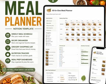 Simple Meal Planner Notion Template, Weekly Meal Planner, Grocery List, Recipe Planner, Meal Prep Organizer