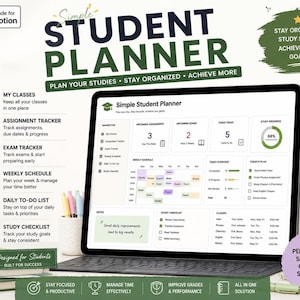 Puede incluir: Una interfaz de planificador estudiantil digital en la pantalla de una computadora portátil, con secciones para clases, seguimiento de tareas, exámenes, horarios semanales y listas de estudio. Incluye gráficos y listas.