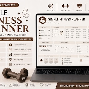 Modello semplice per pianificare il fitness, tracker degli allenamenti, pianificatore per la palestra, tracker delle abitudini, registro fitness, agenda digitale