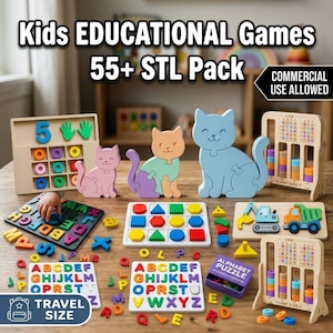 Peut inclure: Une collection de jeux et puzzles éducatifs en bois pour enfants, incluant des planches alphabétiques, des trieurs de formes, des puzzles en forme de chat et des jeux de logique avec des pièces colorées. Texte : Kids EDUCATIONAL Games 55+ STL Pack.