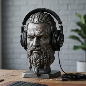 Può includere: Una scultura metallica scura di una testa di guerriero con barba intrecciata e una cicatrice sulla fronte, che funge da supporto per cuffie nere Sony. La scultura è montata su una base quadrata con un cavo collegato.