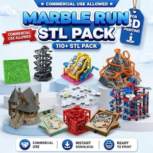 May include: A digital collection of 110+ 3D printable marble run STL files featuring various track designs, including a green maze, a black spiral tower, a stone-textured house, and colorful modular track components with text labels.
