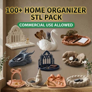 Paquete de más de 100 organizadores para el hogar (archivo STL) / Bandeja para joyas con diseño de dragón, cisne, lazo y nube / Organizador de escritorio para tocador (paquete para uso comercial)