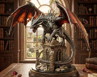 Dragon Castle STL, Gothic Dragon Statue STL, Fantasy Dragon Figurine, Dragon Tower Sculpture STL, Mythical Creature stl, Dragon Decor stl