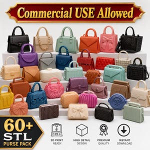May include: A collection of over 60 miniature 3D printed purses in various colors, shapes, and textures, including solid, woven, and bow-adorned designs. The image features the text Commercial USE Allowed and 60+ STL PURSE PACK with icons for 3D print ready, high detail design, premium quality, and instant download.