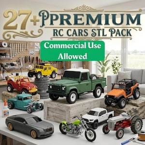 May include: A collection of 27+ premium RC car STL pack models, including a green Land Rover, a yellow Hummer, and an orange Jeep. The image includes the text "Commercial Use Allowed".