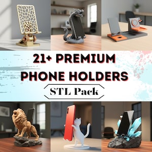 Puede incluir: Imagen que muestra varios soportes para teléfonos, como un dragón, un león y un gato. La imagen también incluye un soporte para teléfono con un diseño geométrico y el texto "21+ PREMIUM PHONE HOLDERS STL Pack."