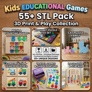 Pacchetto STL di oltre 55 giochi educativi per bambini / Giocattoli di apprendimento Montessori STL / File 3D di puzzle dell'alfabeto, giochi educativi per la scuola materna, commerciale
