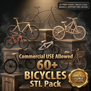 Pode incluir: Uma coleção de vários modelos de bicicletas, incluindo de estrada, montanha e cidade, exibidas em pedestais de madeira. O texto na imagem diz 3D PRINT READY, MULTI-SCALE MODELS, SUPPORT-FREE DESIGN, Commercial USE Allowed, 60+ BICYCLES STL Pack.