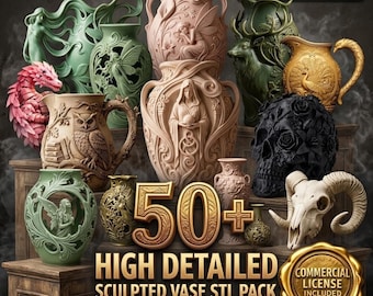 50+ Sculpted Vase STL Bundle, Fantasy Vase STL Pack, High Detail 3D Print Decor, Gothic Home Decor STL, Commercial License stl Bundle