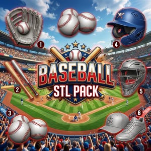 Könnte beinhalten: Eine digitale Grafik eines Baseball-STL-Pakets mit nummerierten Elementen: ein Handschuh mit Ball, zwei Schläger, drei Basebälle, ein blauer Schlaghelm, eine Catcher-Maske sowie eine Baseballkappe und ein Sportschuh vor Stadionkulisse.