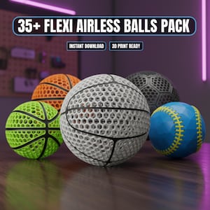 Puede incluir: Una colección de cinco pelotas sin aire en varios colores, incluyendo verde, naranja, gris y azul. Las pelotas tienen un diseño único de panal y están etiquetadas como un "Pack de 35+ Pelotas Flexi Airless". La imagen también indica "Descarga instantánea" y "Listo para imprimir en 3D".