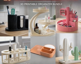 20+ badkameropbergers STL-pakket | Geribbelde toilettafel met 3D-printbundel | Tandenborstelhouder Make-upbakje Katoenen pot Commercieel gebruik