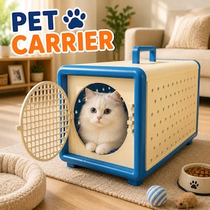 May include: A rectangular pet carrier with a cream-colored body and blue frame, featuring a circular side door with a grid pattern. A fluffy white cat sits inside the carrier. The text PET CARRIER is displayed in blue and orange above the unit.