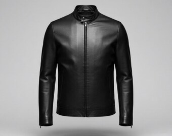 Mens Black Leather Jacket – Minimalist Biker Jacket Slim Fit Cafe Racer Moto Jacket for Men, Handmade Winter Gift for Him