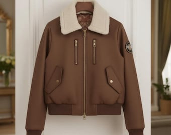 Women’s Brown Leather Bomber Jacket – Slim Fit Shearling Collar Aviator Style Coat – Luxury Winter Biker Jacket
