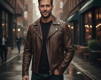 Men's Brown Leather Jacket | Handmade Genuine Leather Biker Jacket | Custom Fit Motorcycle Jacket | Gift for Him | Winter Leather Jacket