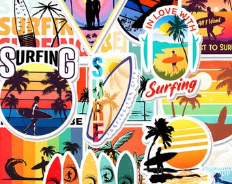 50 Surfing Stickers, Sport Cartoon Wave Doodle Decals, Waterproof Vinyl Stickers for Laptop, Water Bottle, Cooler, Surfboard & Beach Life