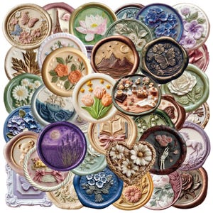 以下が含まれることがあります： さまざまな色とデザインの装飾用ワックスシールのコレクション。 シールには、花柄、風景、蝶のモチーフが使用されています。 隆起したレリーフのあるシールもあれば、滑らかな仕上がりのシールもあります。 シールは丸型と楕円形です。