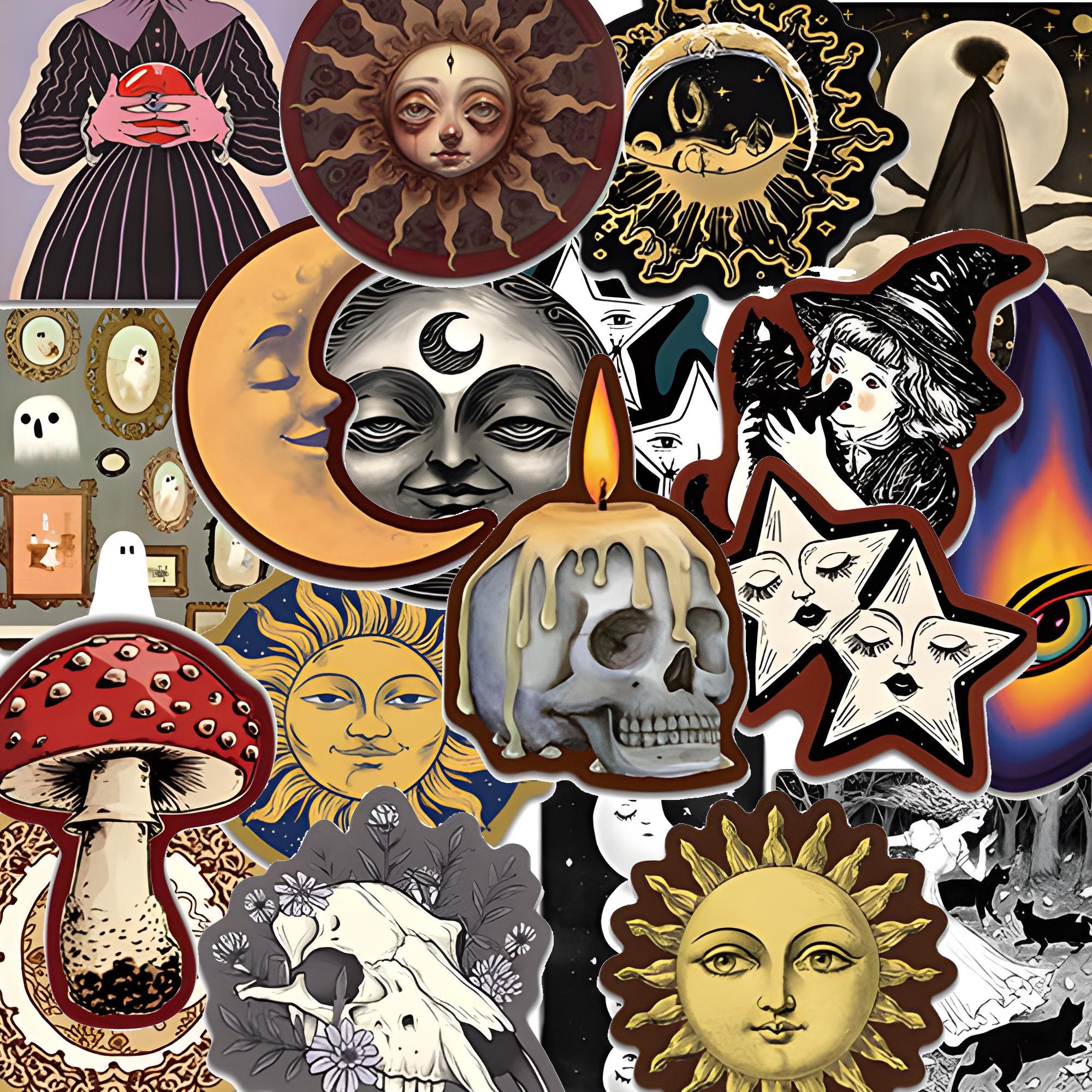 50 Occult Celestial Stickers, Creepy Gothic Moon & Star Decals, Dark ...