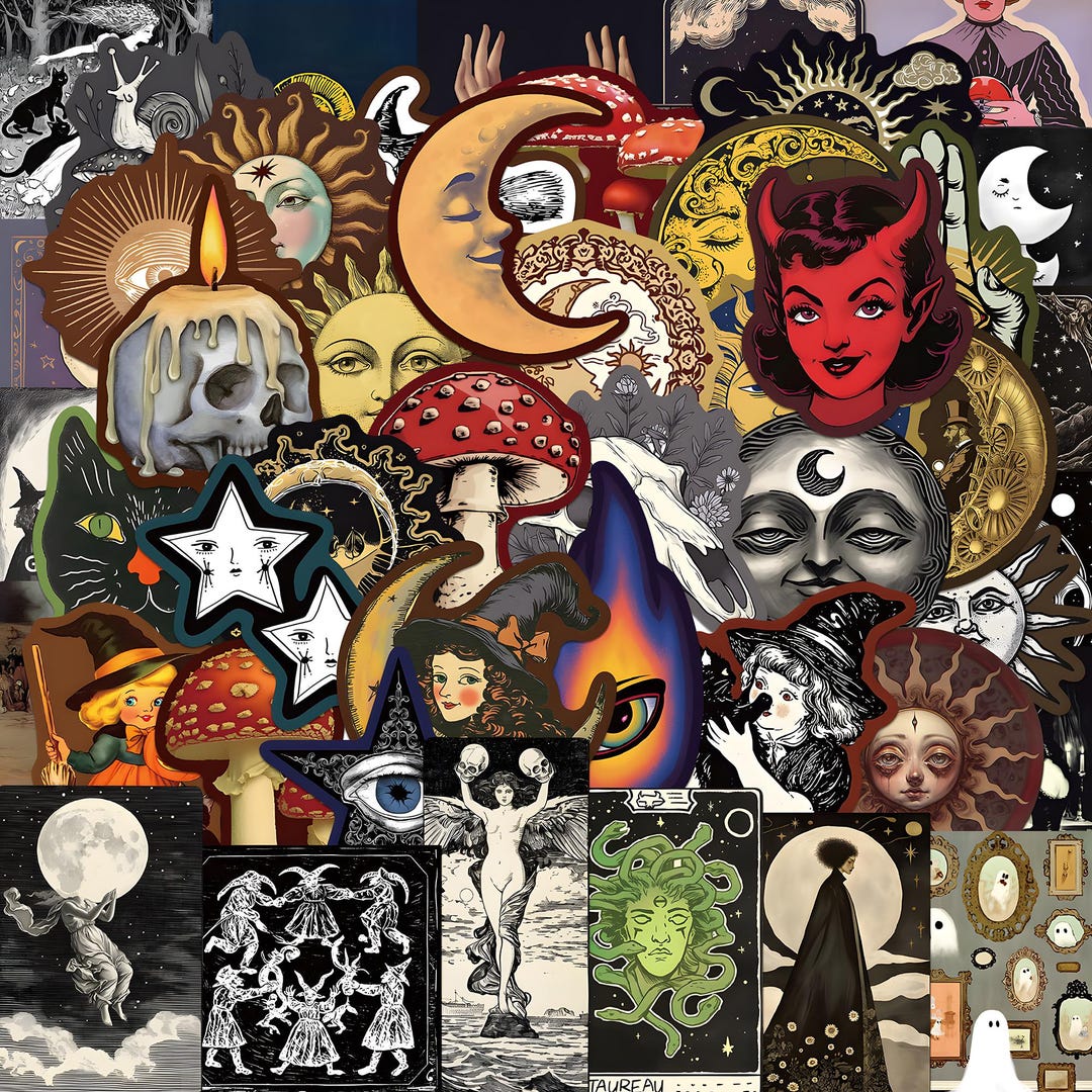 50 Occult Celestial Stickers, Creepy Gothic Moon & Star Decals, Dark ...