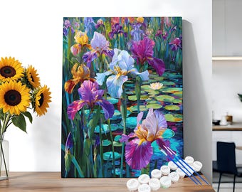 Iris Flower Pond Paint By Number Kit, Monet Style Water Lily Landscape DIY Oil Painting, Adult Stress Relief Art Craft Home Wall Decor Gift