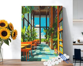 Kit de pintura por números "Biblioteca con invernadero iluminado por el sol" para adultos, pintura acrílica botánica para hacer tú mismo, decoración vibrante para la pared, manualidad ideal para principiantes.