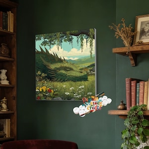 May include: A square paint-by-numbers canvas featuring a large green dragon resting in a grassy meadow with wildflowers under a tree, accompanied by a set of numbered paint pots and brushes labeled with the text Digital Vintage Crafts.