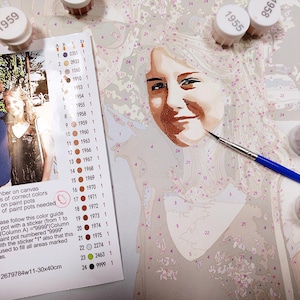 May include: A paint-by-numbers kit on canvas featuring a portrait of a person, accompanied by a color guide with numbered stickers and small paint pots. A thin paintbrush with a blue handle rests on the canvas, which measures 30x40 cm.
