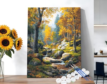 Autumn Flow DIY Paint by Numbers Kit for Beginners, Golden Canopy Adult Paint by Numbers Easy Canvas Craft Kit Housewarming Gift Canvas Art