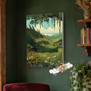May include: A rectangular paint-by-numbers canvas featuring a large green dragon resting in a grassy meadow filled with colorful wildflowers, under a willow tree with a distant mountain landscape, accompanied by small paint pots labeled Digital Vintage Crafts.