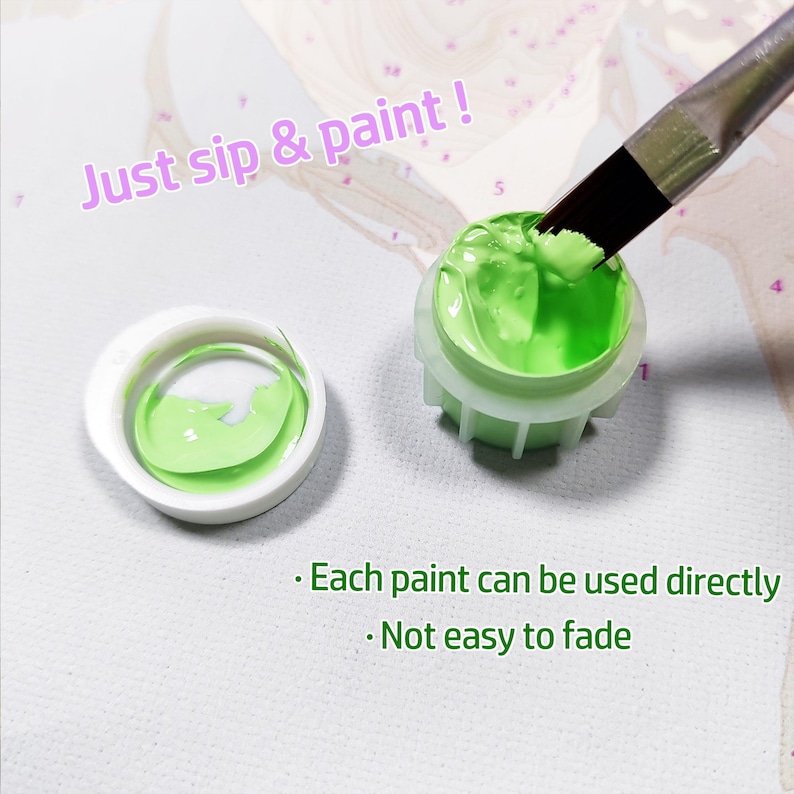 May include: A small plastic container filled with bright lime green acrylic paint, accompanied by a matching lid and a paintbrush tip dipped into the paint. The text reads: Just sip & paint !, Each paint can be used directly, Not easy to fade.