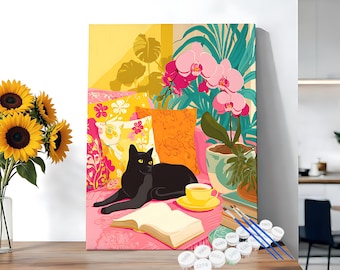 Lazy Afternoon Paint by Numbers Kit, Cute Cat DIY Canvas Painting for Adults, Vintage Cat Painting Art Kit, Beginner Friendly Painting Gift