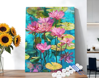 Pink Lotus Paint By Number Kit Gift DIY Lotus Pond Paint by Number on Canvas Acrylic Painting Supplies Green Plants Painting Home Decor