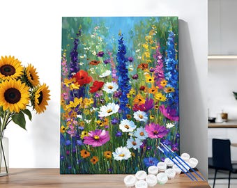 Wildflower Meadow Paint by Numbers Kit, Vibrant Poppy & Daisy Field DIY Canvas Painting for Adults, Beginner Friendly Paint By Number Gift