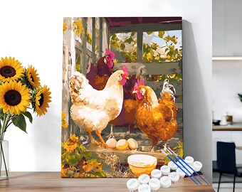 Kit de pintura por números de gallinas de granja, pintura por números de gallinero iluminado por el sol sobre lienzo, 24 colores, regalo de pintura por números DIY, manualidades de pintura fáciles para la pared