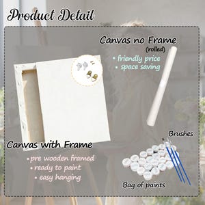 May include: A paint-by-numbers kit featuring a white canvas with a wooden frame, a rolled canvas, a bag of small white paint pots with numbers, and three blue-handled paint brushes. Text includes Product Detail, Canvas no Frame, and Canvas with Frame.
