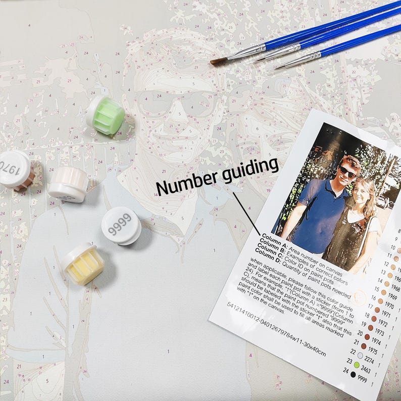 May include: A paint-by-number kit featuring a canvas with a printed outline of a person wearing sunglasses, three blue-handled paintbrushes, four small paint pots, and a reference guide with the text Number guiding and 30x40cm dimensions.