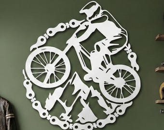 Väggkonst i metall för mountainbike, stor väggdekoration för cykel, cykelpresent till honom, dekoration för garagemänniskor, sportväggkonst