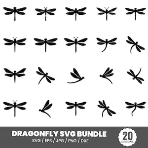 Può includere: Una collezione di 20 disegni di libellule nere in varie pose. L'immagine include libellule con ali spiegate, ali curve e diverse forme del corpo. Il testo in basso recita "DRAGONFLY SVG BUNDLE" con opzioni di tipo di file e "20 DISEGNI".