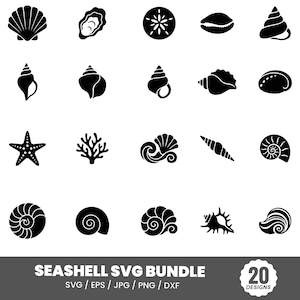 May include: A collection of twenty black silhouette icons featuring various seashells, a starfish, and coral. The text at the bottom reads SEASHELL SVG BUNDLE SVG | EPS | JPG | PNG | DXF and 20 DESIGNS inside a white scalloped circular badge.