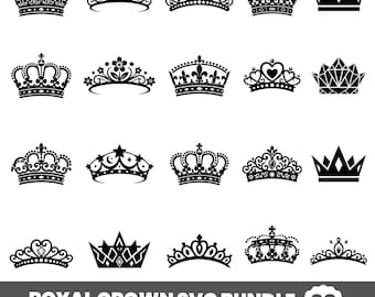 Puede incluir: Una colección de 20 diseños de coronas reales en blanco y negro, de varios estilos. Las coronas presentan detalles ornamentados, incluyendo cruces, corazones y elementos florales. El texto "ROYAL CROWN SVG BUNDLE" se muestra en la parte inferior.
