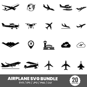 Op de afbeelding: Een verzameling van 20 zwarte vliegtuig-thema SVG-ontwerpen. Bevat verschillende vliegtuigsilhouetten, een drone, een verkeerstoren en wolkpictogrammen met vliegtuigen. De tekst "AIRPLANE SVG BUNDLE" staat onderaan.